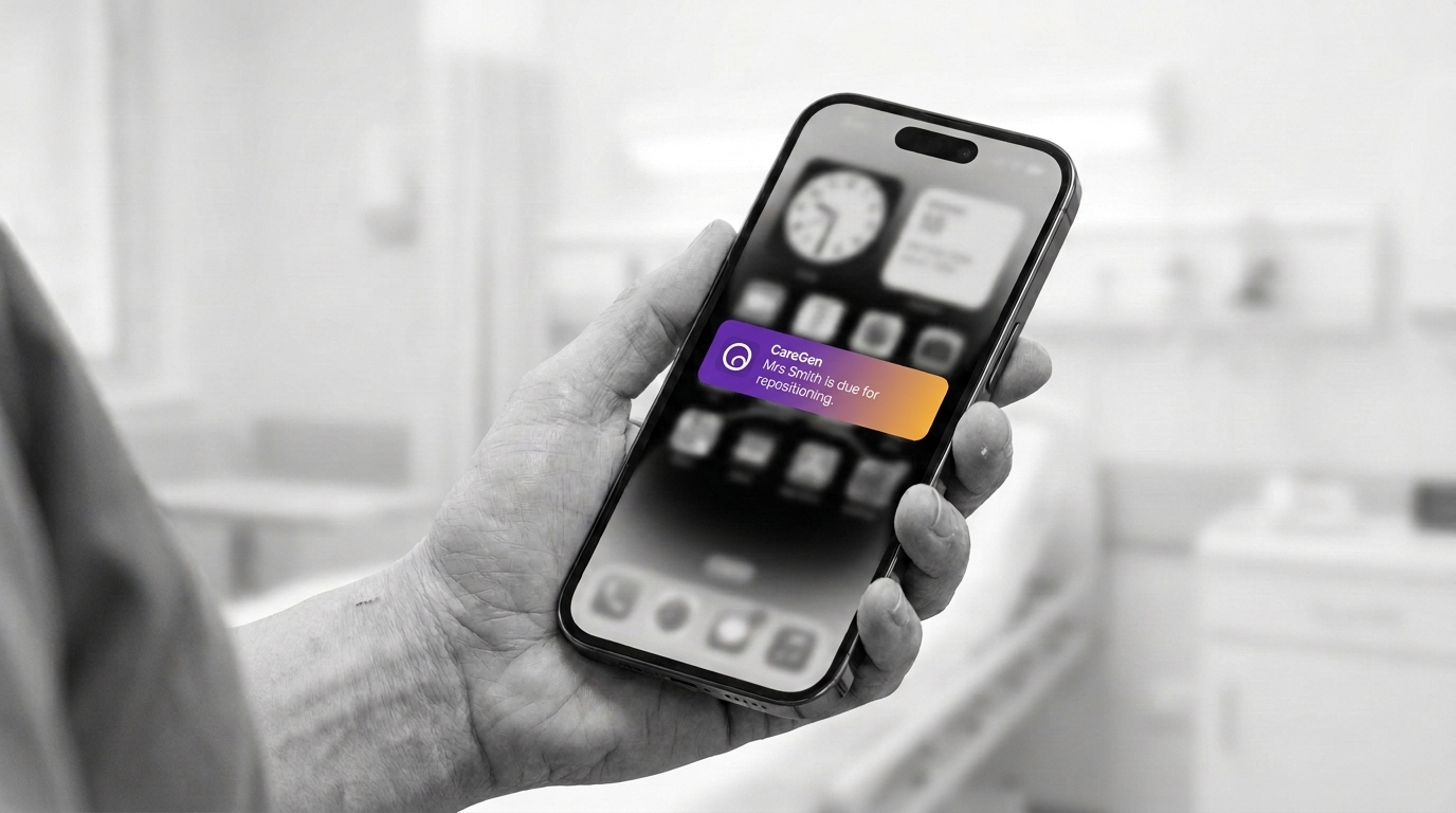 Nurse holding a phone showing a CareGen repositioning alert